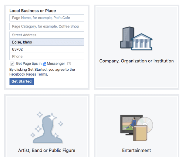 Εξετάστε τα χαρακτηριστικά που προσφέρει κάθε τύπος και κατηγορία για τη σελίδα σας στο Facebook.