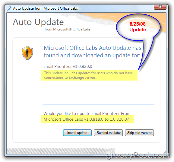 Λογισμικό Microsoft Office Labs Auto Update Screenshot:: groovyPost.com
