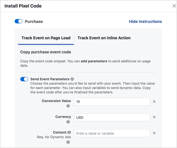 Ορίστε παραμέτρους για να δημιουργήσετε τον κωδικό συμβάντος Facebook που χρειάζεστε.
