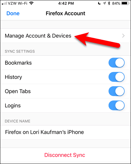 Πατήστε Διαχείριση λογαριασμού και συσκευών στον Firefox για iOS