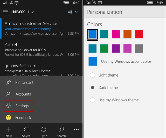 Το Outlook Mail και η εφαρμογή ημερολογίου στα Windows 10 Mobile Gains Dark Θέμα