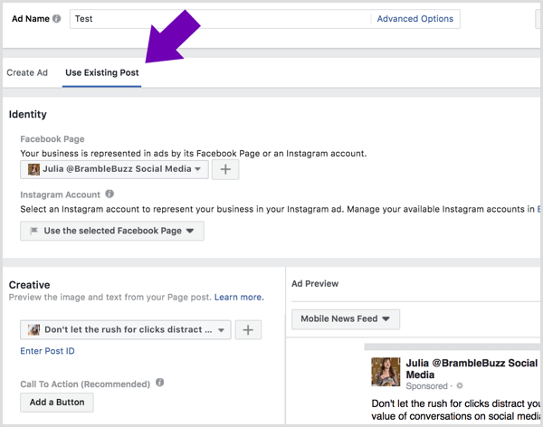 Κάντε κλικ στην καρτέλα Use Existing Post και επιλέξτε τη σελίδα και την ανάρτηση που θέλετε να εκτελέσετε ως διαφήμιση στο Facebook.