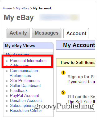 eBay αλλαγή κωδικού πρόσβασης ρυθμίσεις λογαριασμών προσωπικές πληροφορίες