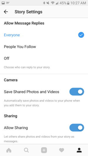 Χρησιμοποιήστε τις ρυθμίσεις για να αποθηκεύσετε αυτόματα φωτογραφίες και βίντεο που προσθέτετε στην ιστορία σας στο smartphone σας