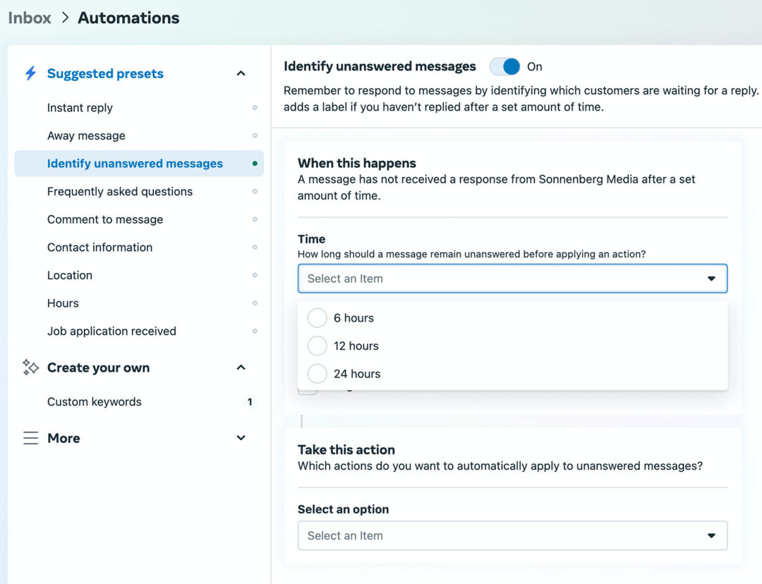 εικόνα της οθόνης ρύθμισης Identify Unanswered Messages στο Meta Business Suite