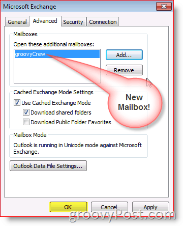 Το στιγμιότυπο οθόνης του Outlook 2010 προσθέτει την καρτέλα για προχωρημένους στο γραμματοκιβώτιο