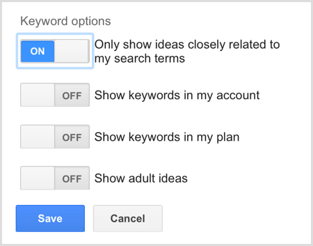 Επιλογές λέξεων-κλειδιών αναζήτησης για το Εργαλείο σχεδιασμού λέξεων-κλειδιών του Google AdWords