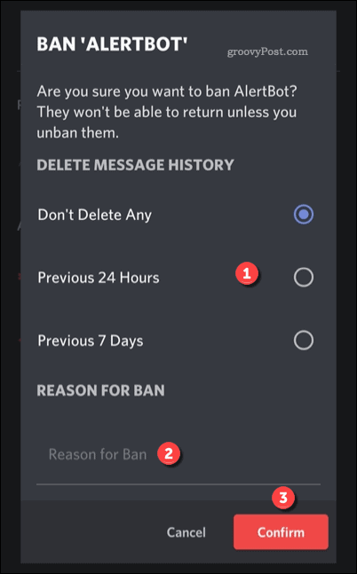 Επιλογές για την απαγόρευση ενός χρήστη στο Discord