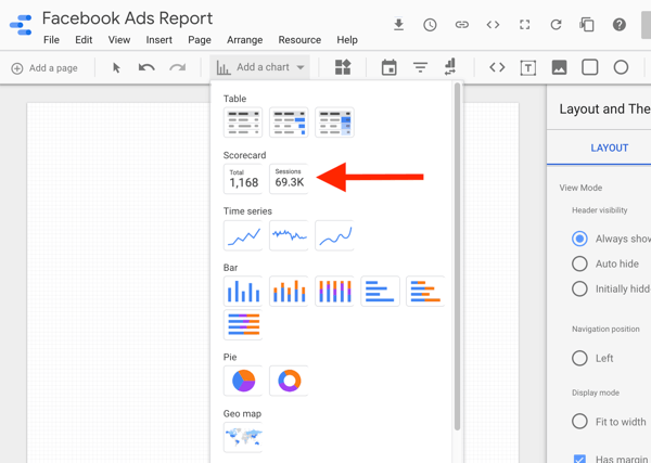 Χρησιμοποιήστε το Google Data Studio για να αναλύσετε τις διαφημίσεις σας στο Facebook, βήμα 8, επιλογή για να επιλέξετε το γράφημα της κάρτας αποτελεσμάτων στο Google Data Studio