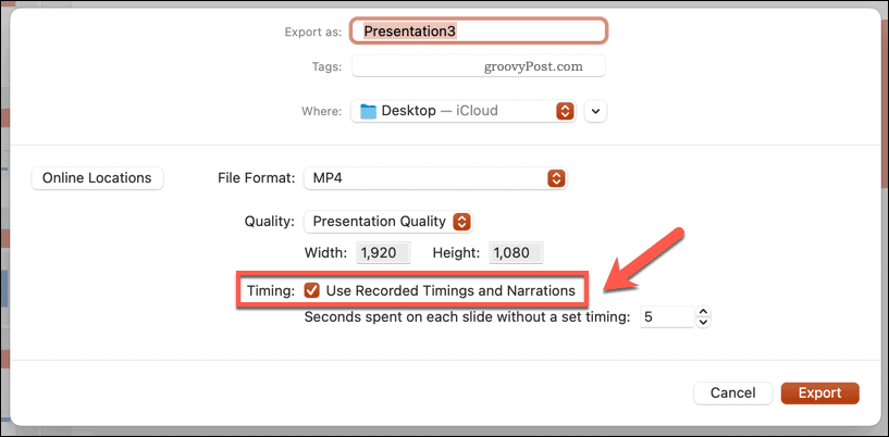 Χρήση εγγεγραμμένων χρονισμών για ένα εξαγόμενο βίντεο στο PowerPoint σε Mac