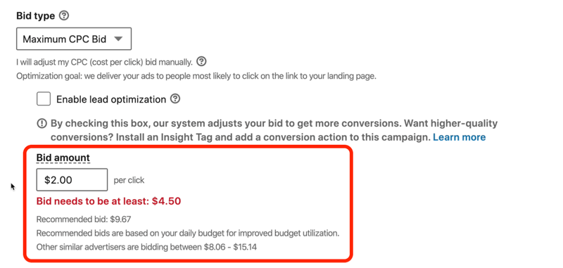 στιγμιότυπο οθόνης του μηνύματος με κόκκινο χρώμα "Η προσφορά LinkedIn πρέπει να είναι τουλάχιστον 4,50 $"