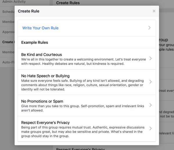 Πώς να βελτιώσετε την κοινότητα της ομάδας σας στο Facebook, παράδειγμα προ-γραπτών κανόνων της ομάδας του Facebook