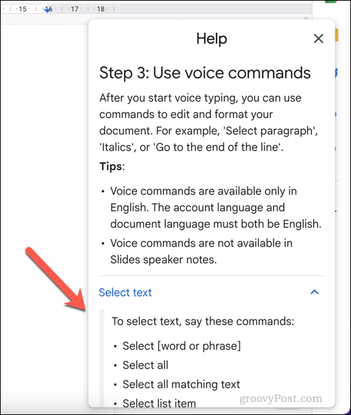 Μενού βοήθειας για φωνητική πληκτρολόγηση στα Έγγραφα Google