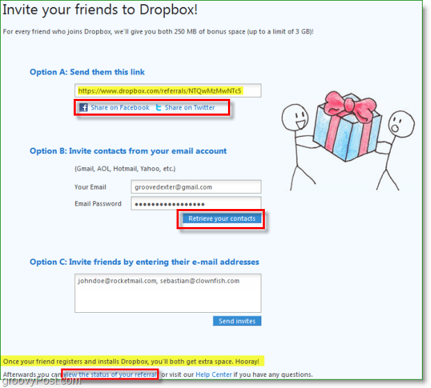 Dropbox screenshot - πολλοί τρόποι για να μοιραστείτε τις προσκλήσεις σας στο dropbox