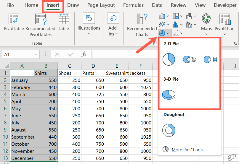 Επιλέξτε ένα στυλ για να δημιουργήσετε ένα διάγραμμα πίτας στο Excel