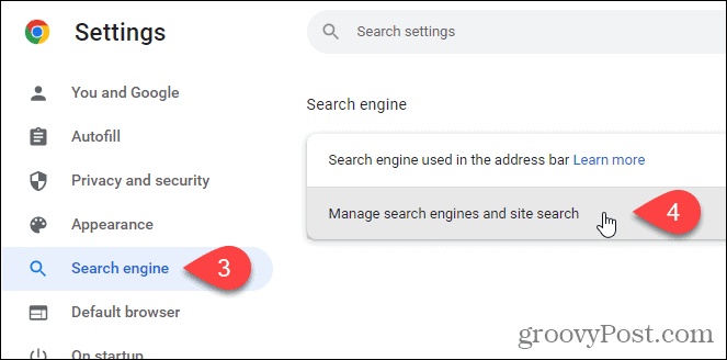 Κάντε κλικ στην επιλογή Διαχείριση μηχανών αναζήτησης και αναζήτησης ιστότοπου στην οθόνη της μηχανής αναζήτησης στο Chrome
