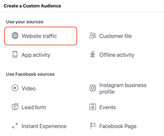 Πώς να δημιουργήσετε διαφημίσεις προσέγγισης χρηστών στο Facebook, παράδειγμα ρύθμισης κοινού επισκεψιμότητας ιστότοπου για διαφημίσεις
