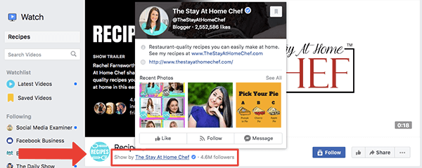 Αυτό είναι ένα στιγμιότυπο οθόνης της σελίδας Εμφάνιση συνταγών στο Facebook Watch. Η πίστωση Show By The Stay At Home Chef επισημαίνεται με ένα φωτεινό κόκκινο βέλος και ένα κόκκινο κουτί. Ένα αναδυόμενο παράθυρο με λεπτομέρειες σχετικά με τη σελίδα του The Stay At Home Chef στο Facebook καλύπτει τη φωτογραφία εξωφύλλου του Recipes Facebook Watch. Η Rachel Farnsworth τρέχει τόσο τη σελίδα Facebook όσο και την εκπομπή Facebook Watch.