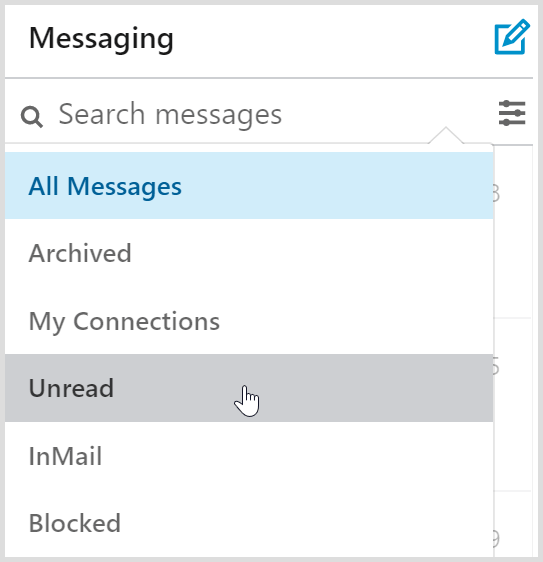Τα φίλτρα εισερχομένων μηνυμάτων LinkedIn περιλαμβάνουν ένα μη αναγνωσμένο φίλτρο μηνυμάτων.