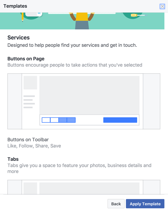 Διαφορετικά πρότυπα σελίδας Facebook έχουν διαφορετικά CTA, κουμπιά γραμμής εργαλείων και καρτέλες που έχουν επιλεγεί και οργανωθεί ειδικά για τον τύπο της επιχείρησης.