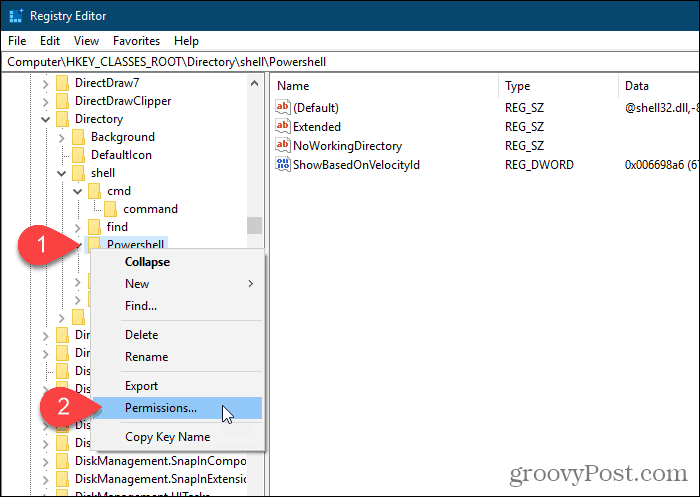 Επιλέξτε δικαιώματα για το κλειδί Powershell στον Επεξεργαστή μητρώου των Windows