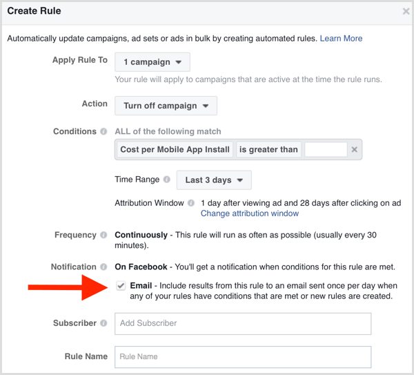 Αυτόματη ειδοποίηση email κανόνα Facebook Ads Manager