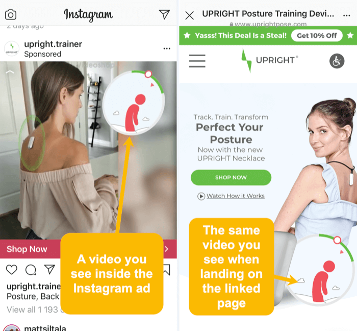ίδια βίντεο και οπτικά στοιχεία στη διαφήμιση Instagram και στη συνδεδεμένη σελίδα προορισμού