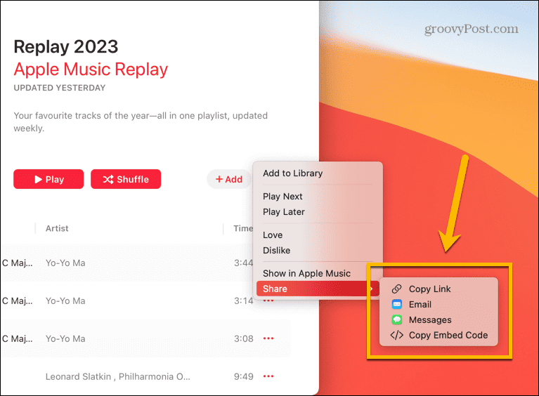 επιλογές κοινής χρήσης μουσικής της Apple