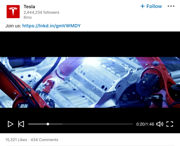 Παράδειγμα δημοσίευσης βίντεο σελίδας εταιρείας Tesla LinkedIn.