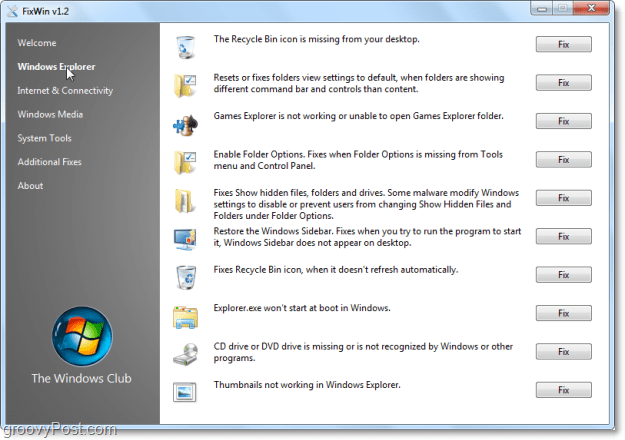 Το FixWin των Windows Explorer επιδιορθώνει το στιγμιότυπο οθόνης
