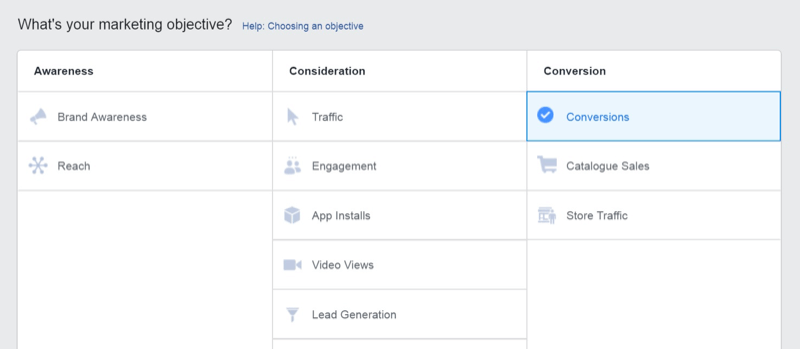 Στρατηγική μάρκετινγκ κοινωνικών μέσων; Στιγμιότυπο οθόνης του στόχου μετατροπών στο Facebook Ads Manager.