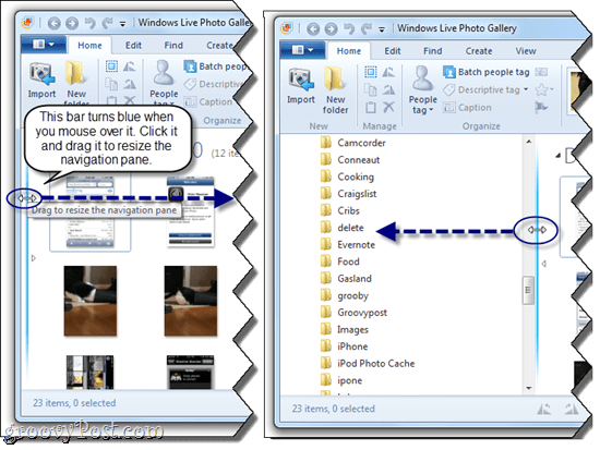 Αλλαγή μεγέθους παραθύρου πλοήγησης στη συλλογή φωτογραφιών του Windows Live
