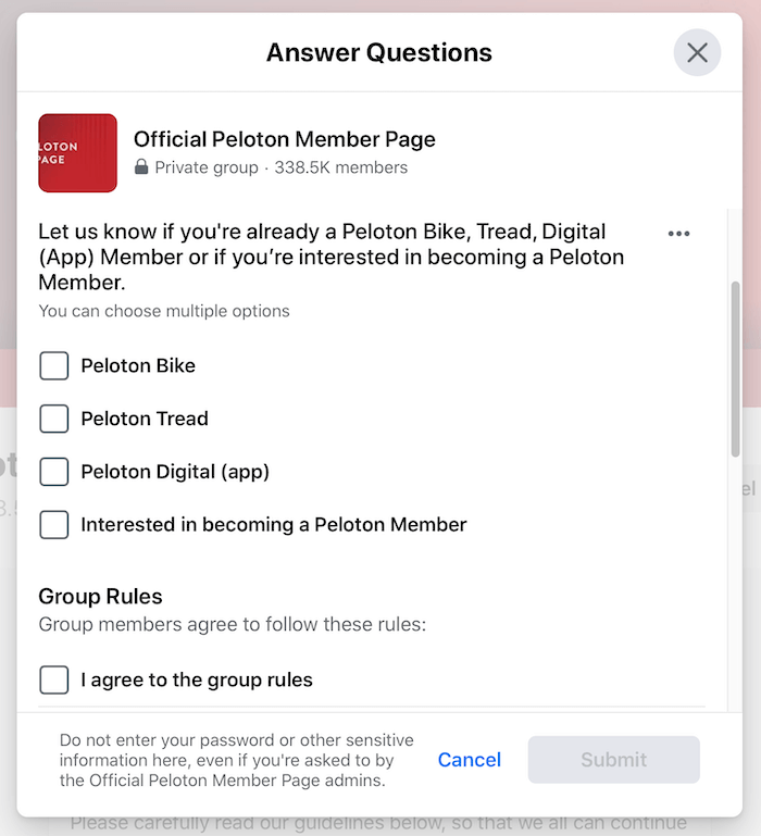 παράδειγμα ερωτήσεων προβολής ομάδας facebook για την επίσημη ομάδα σελίδων μελών του peloton