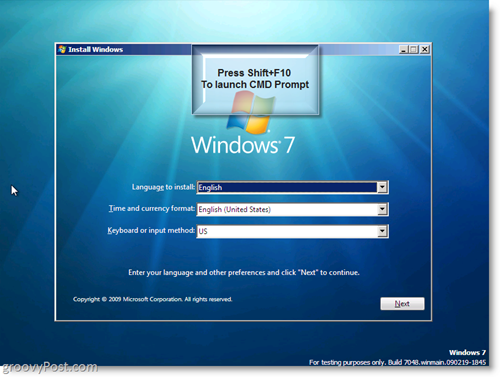Εγκατάσταση των Windows 7 - Εκκίνηση της παραγγελίας CMD χρησιμοποιώντας Shift + F10