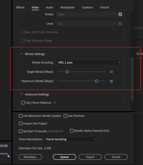 Ρύθμιση για αλλαγή του ρυθμού bit στην εξαγωγή βίντεο του Adobe Premier Pro.