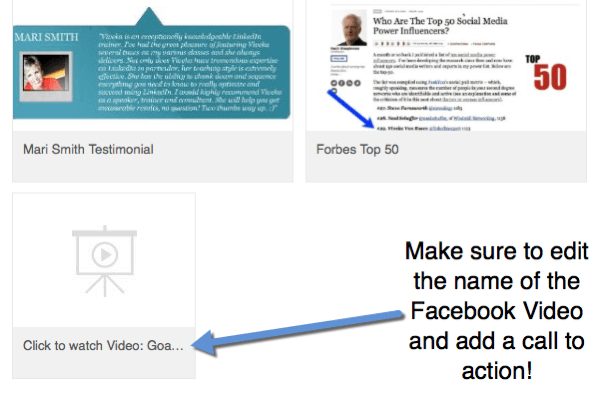 Όταν προσθέτετε συνδέσμους βίντεο Facebook στο προφίλ σας, επεξεργαστείτε τον τίτλο για να συμπεριλάβετε μια παρότρυνση για δράση για να παρακολουθήσετε το βίντεο.