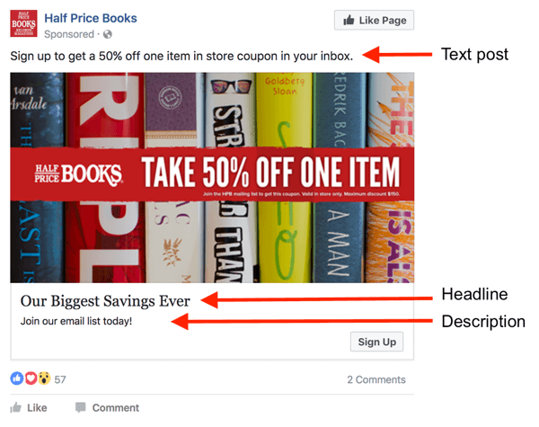 Υπάρχουν τρεις τομείς για κείμενο σε μια διαφήμιση στο Facebook.