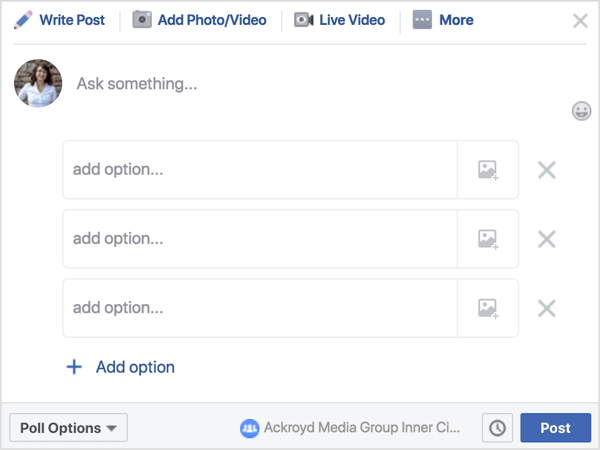 Σε μια ανάρτηση ομάδας στο Facebook, κάντε κλικ στην επιλογή Δημοσκόπηση και, στη συνέχεια, γράψτε μια ερώτηση ή μια ερώτηση. 