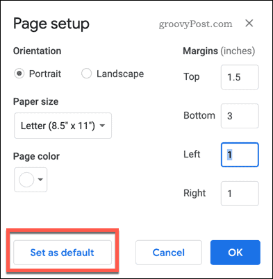 Το Ρύθμιση σελίδας ορίστηκε ως προεπιλεγμένο κουμπί στα Έγγραφα Google