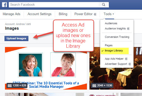 Πρόσβαση στη βιβλιοθήκη εικόνων του facebook ads manager