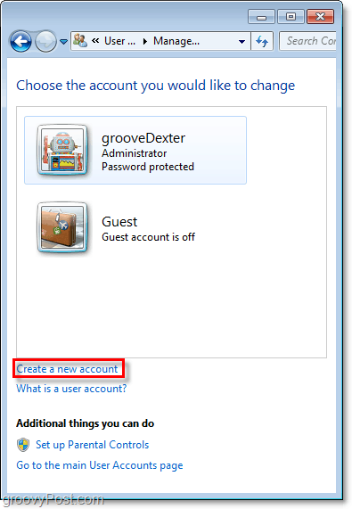 από τη σελίδα επισκόπησης λογαριασμών των Windows 7 χρησιμοποιήστε το σύνδεσμο για να δημιουργήσετε ένα νέο λογαριασμό