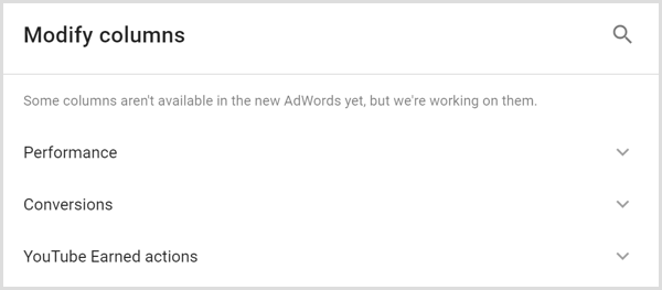 Το Google AdWords analytics τροποποιεί την οθόνη στηλών