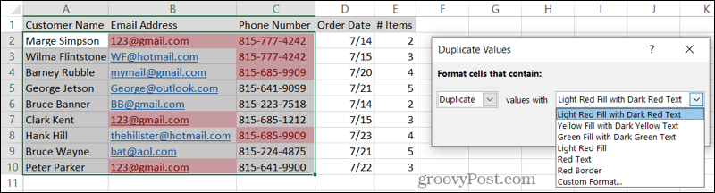 Επιλέξτε Μορφοποίηση για διπλότυπα στο Excel