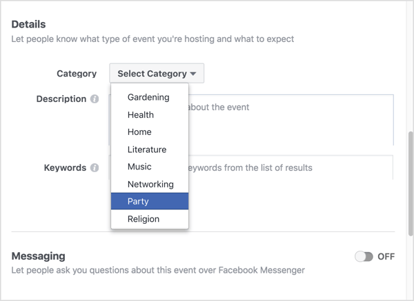 Επιλέξτε την κατηγορία που περιγράφει καλύτερα το εικονικό σας συμβάν στο Facebook.