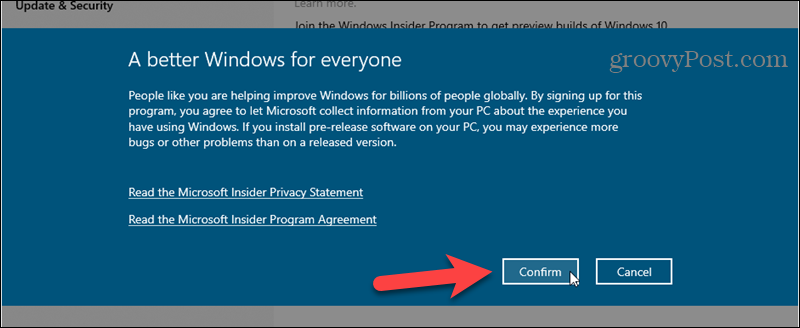Επιβεβαιώστε την εγγραφή στο πρόγραμμα Windows Insider