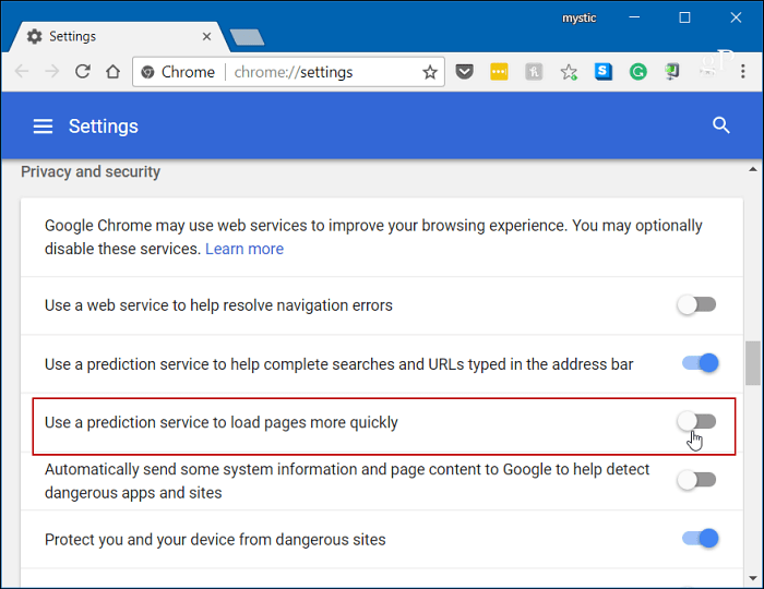 Απενεργοποιήστε την Πρόβλεψη Chrome