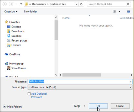 Outlook 2016 - Επιλέξτε το όνομα και την τοποθεσία του αρχείου PST