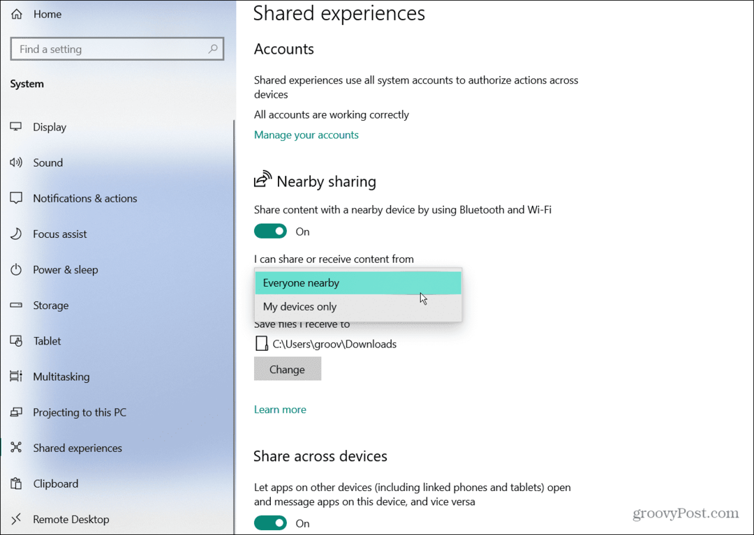 Windows 10 Κοινή χρήση σε κοντινή απόσταση