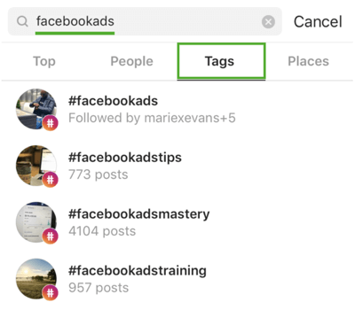 Πώς να αναπτύξετε στρατηγικά το Instagram ακολουθώντας, βήμα 9, να βρείτε σχετικά hashtag, παράδειγμα αναζήτησης για "facebookads"