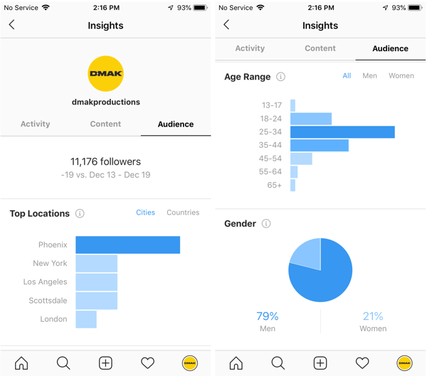 Παραδείγματα πληροφοριών του Instagram για τον λογαριασμό DMAK Productions στην καρτέλα Κοινό.